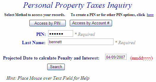 Search by PIN example screen